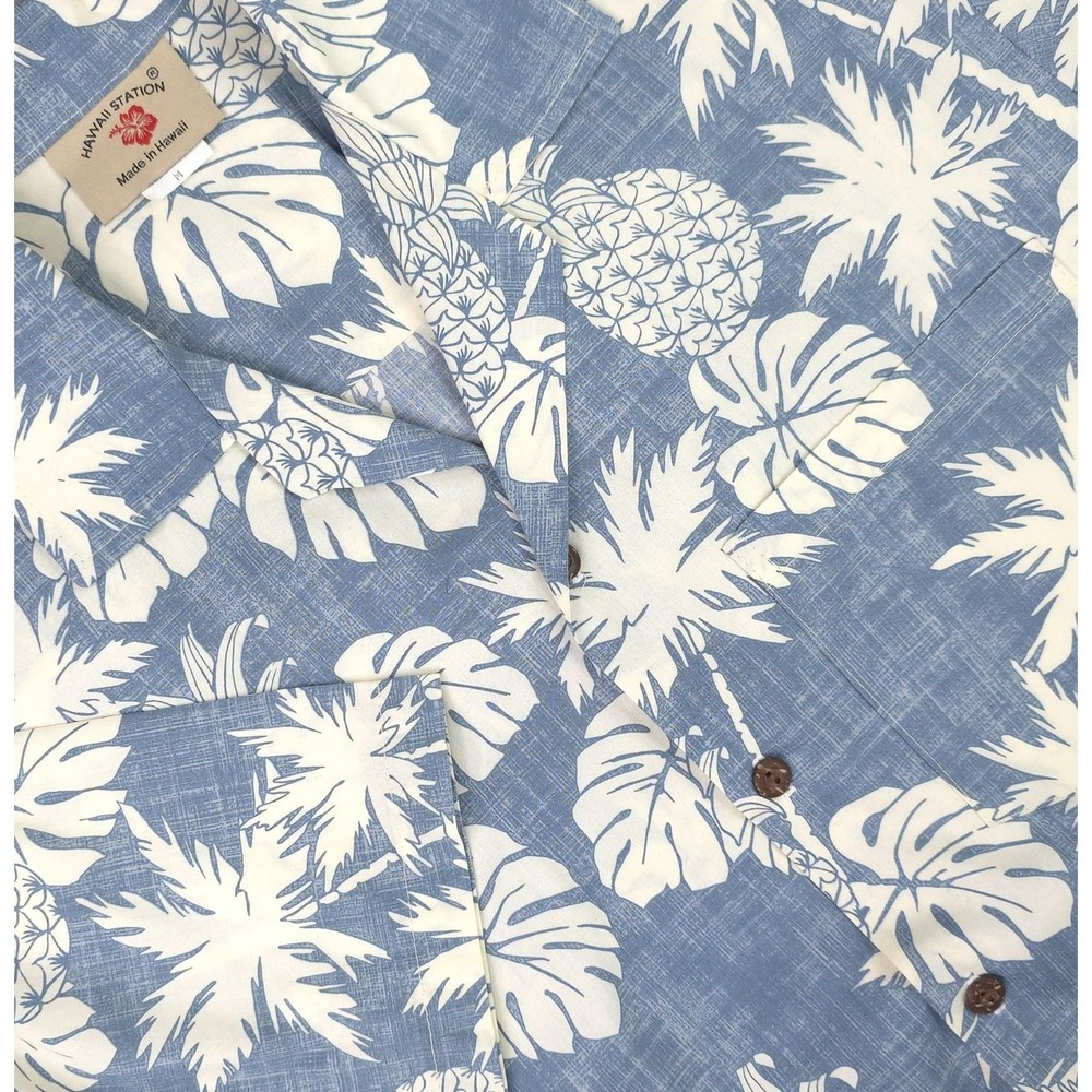 Hawaii Station Shirt Mens Medium Blue Floral Hawaiian Short Sleeve Made Hawaii